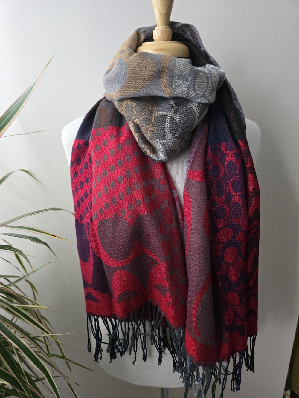 Coach Multicolor Red, Gray and Navy Logo Scarf Oversized